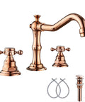 Check Out This Sweet Copper Two Handle Widespread Bathroom Faucet Fits 8 To 16 Inch Spread With Brass Body And Comes With Metal Pop Up Drain Overflow For Spot On Volume And Temp Adjustments featuring a copper finish with two cross handles and spout.