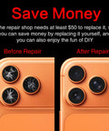Before and after repair of iPhone 17 Pro Max rear camera lens using 2 Pack Rear Camera Lens Glass Replacement For iPhone 17 Pro Max And 17 Pro With Pre Installed Adhesive, DIY Repair Tool Kit, And Step By Step Installation Manual For Easy No Fuss Lens Restoration.