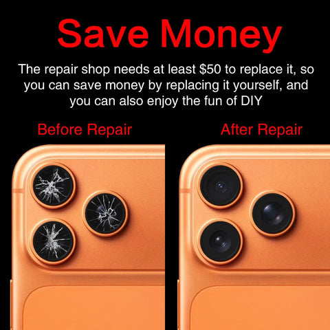 Before and after repair of iPhone 17 Pro Max rear camera lens using 2 Pack Rear Camera Lens Glass Replacement For iPhone 17 Pro Max And 17 Pro With Pre Installed Adhesive, DIY Repair Tool Kit, And Step By Step Installation Manual For Easy No Fuss Lens Restoration.