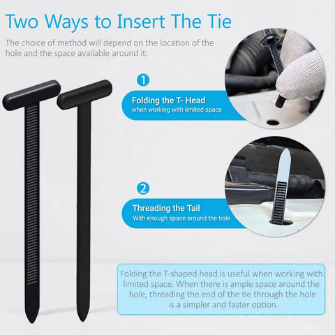 Diagram showing two ways to insert 2026 Upgraded Nylon Universal Cable Tie Buckle Heavy Duty Self Locking Zip Ties For Car Repair.