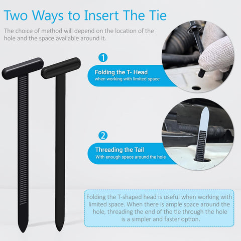 Two nylon cable tie buckles demonstrating insertion methods for car and workshop uses, part of 30-pack universal self-locking clips
