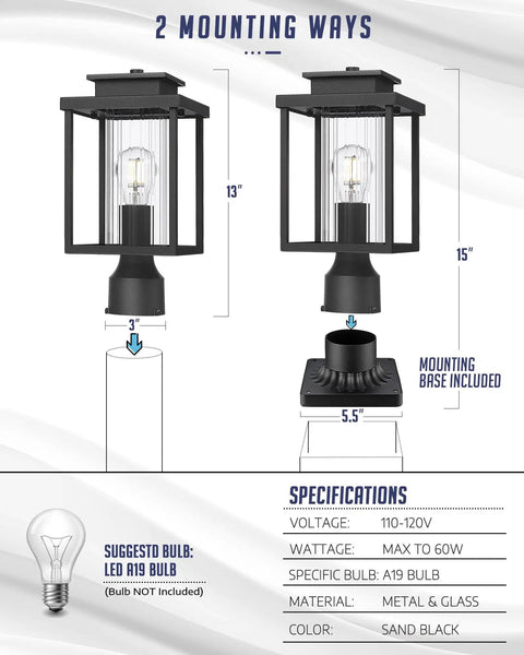Diagram showing two mounting ways for Sleek Outdoor Post Light Set 2 Pack with height and width dimensions.