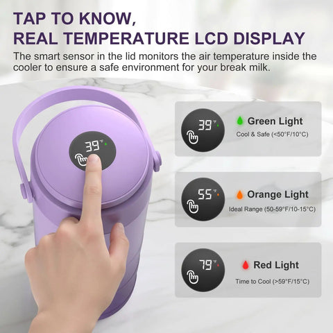 Portable Breast Milk Cooler Bottle With Touch Temp Display And Color Coded Safety Alert For Travel showing temperature display and controls