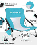 Low Beach Chair With Mesh Back And Cup Holder, Foldable Camp Chair featuring Oxford 600D polyester and cushioned armrests.