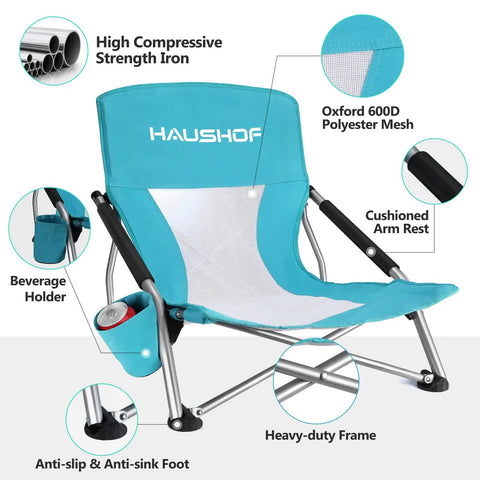 Low Beach Chair With Mesh Back And Cup Holder, Foldable Camp Chair featuring Oxford 600D polyester and cushioned armrests.