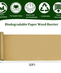 Heavy Duty Biodegradable Paper Weed Barrier Roll 1.31x50 Ft For Lawn And Garden, landscape fabric mulch with icons above