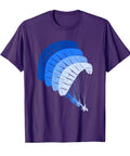 Purple t-shirt with a vintage-style paragliding motif, showcasing a blue and white paraglider design for powered paragliding enthusiasts.