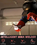 User welding with Intelligent MMA Welder, wearing protective gear, sparks visible, showcasing IGBT technology and arc force.
