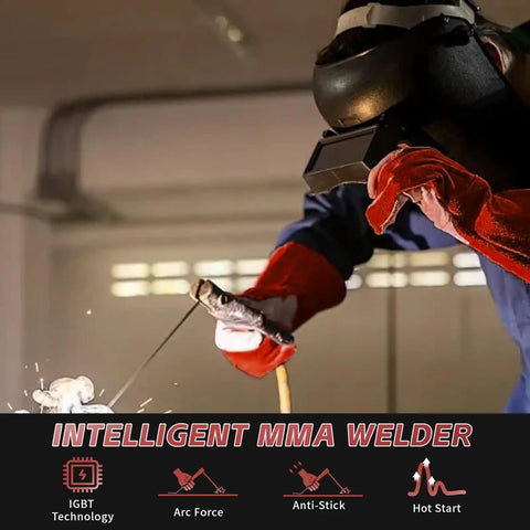 User welding with Intelligent MMA Welder, wearing protective gear, sparks visible, showcasing IGBT technology and arc force.