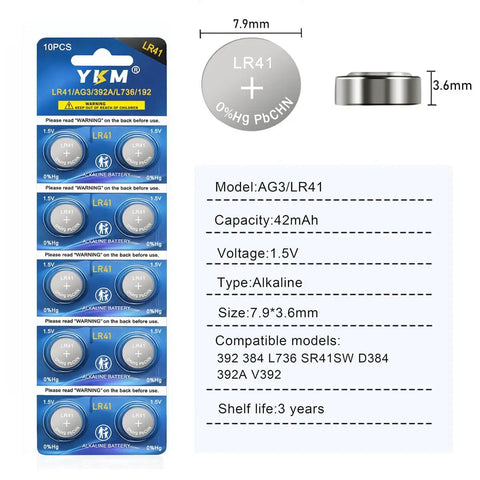 Heavy Duty Lr41 Button Batteries 10 Pack Ag3 392 384 192 L736 1.5V Alkaline Cells packaging with specifications and dimensions
