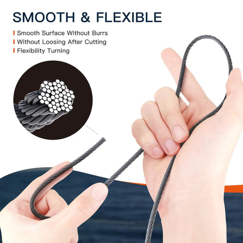 Hands holding one eighth inch T316 stainless steel aircraft cable for deck railing, seven by seven strand core, 450 feet