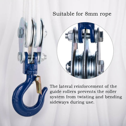 1 Ton Double Cable Pulley Block Hoist with Hook, beefed up heavy duty lifting system, detailed view of 45 steel construction