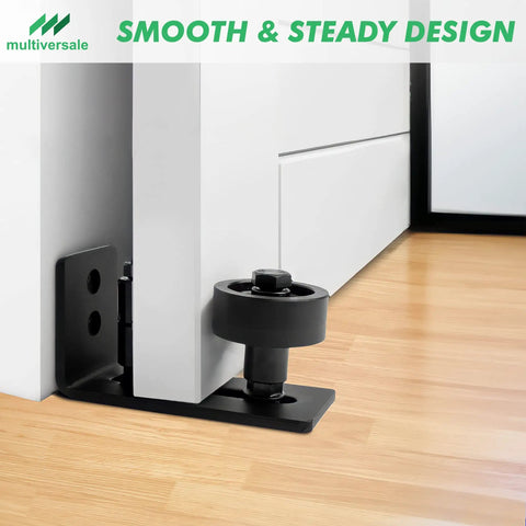 Black Barn Door Floor Guide Set With Handle And Latch Lock For Sliding Doors installed on wooden floor