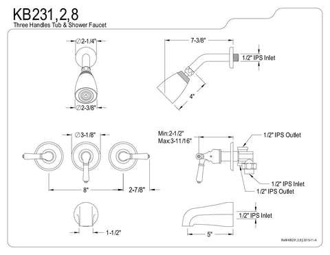 Technical diagram of Magellan Tub And Shower Faucet With 3 Handle Set In Brushed Nickel 5 Inch Spout Reach Pressure Balanced Washerless Cartridge