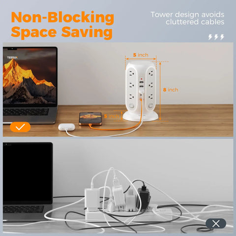Tower Power Strip With 12 Outlets And 5 USB Ports, Including 2 USB C, Individual Switches, 10 Ft Flat Extension Cord, Grey in use