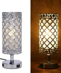 Crystal Table Lamps Set Of 2 With USB Charging Ports, Sleek Silver Nightstand Lamps, Modern Elegant Bling Crystal Design
