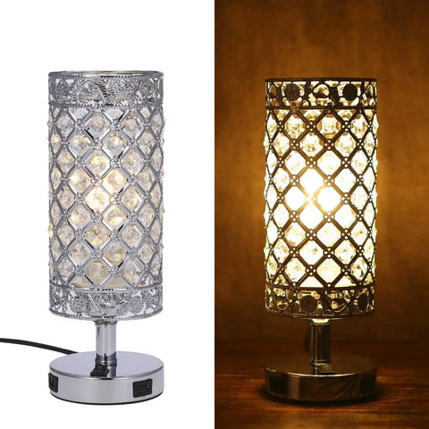 Crystal Table Lamps Set Of 2 With USB Charging Ports, Sleek Silver Nightstand Lamps, Modern Elegant Bling Crystal Design