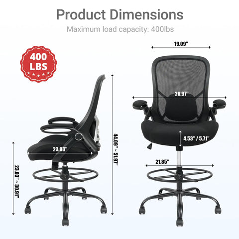 Dimensions of Big And Tall 400 Pound Capacity Heavy Duty Drafting Chair With Ergonomic Comfort 5 Inch Thick Seat, Black