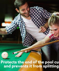 Top Shelf Blue Pool Cue Tips Replacement Kit With Ten Tough Plastic Cue Rings And Twenty Premium Genuine Leather Billiard Club Heads For Quick Rack Maintenance, depicting people playing pool.