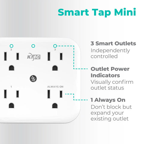 Smart Tap Mini 2-Pack 4-Outlet Wall Mounted Plug Adapter With 3 Independently Controlled Wi-Fi Outlets, detailed view.