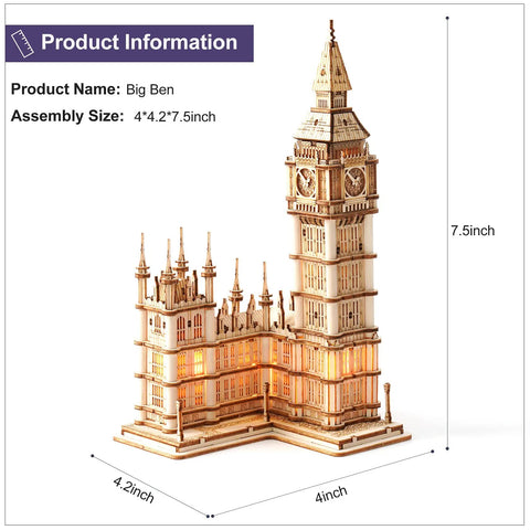3D Wooden Puzzle Of Big Ben For Adults A Hands On Model Kit That Brings London Landmarks To Life Totally Epic Gift For Puzzle Nerds 14 Plus Hobby Builders, 7.5-inch wood model