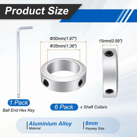 6 Pack 35mm Bore Aluminum Shaft Collars, 15mm Thick, 50mm OD Locking Ring With Ball Head Hex Key, size chart