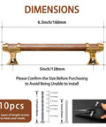 Dimensions of 10 Pack 5 Inch Cabinet Pulls In Wood And Gold Finish, 6.3 inch total length, 128mm center to center with included screws.