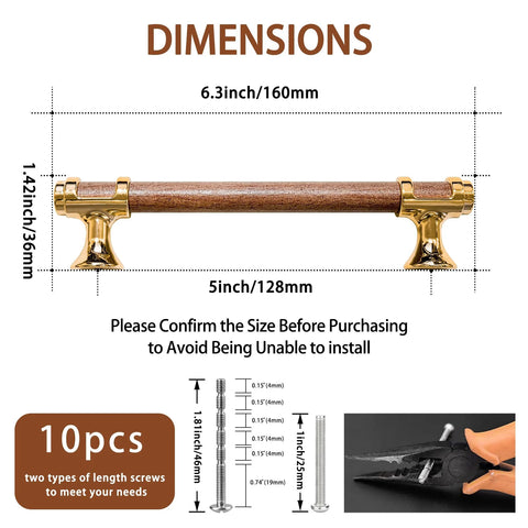 Dimensions of 10 Pack 5 Inch Cabinet Pulls In Wood And Gold Finish, 6.3 inch total length, 128mm center to center with included screws.