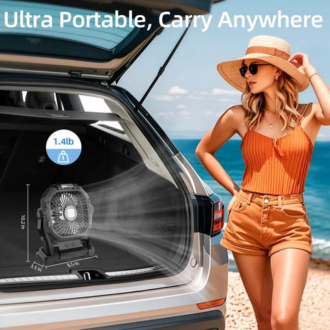 Rechargeable Camping Fan With 20000mAh Battery, LED Light, in car trunk next to woman in orange outfit on beach