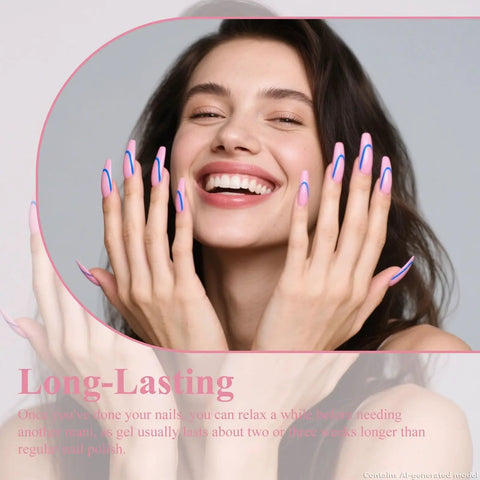 Smiling woman with light pink nails using Hema Free Gel Nail Polish In Light Pink For All Seasons Solid Color Soak Off UV LED Lamp Required