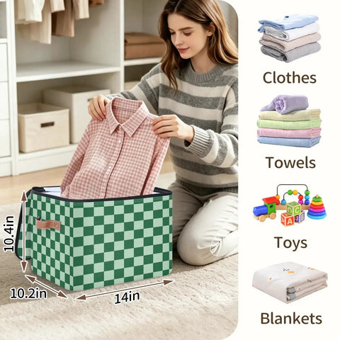 Keeping Your Setup Clean With This Dope Green Checkered Fabric Storage Bin Featuring A Zipper Lid, 14x10.2x10.4 in, storing clothes.