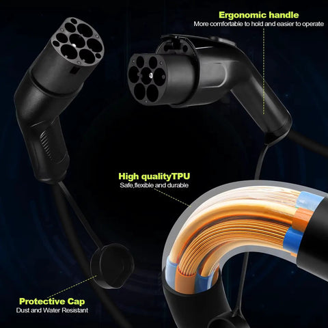 Hella Durable Type 2 Male To GBT EV Charging Cable Straight Shot Wallbox Connector showcases ergonomic handle and durable TPU construction.