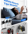 Six Pack Rotatable Cord Holder Set With 360 Degree Magnetic Clips installed on a nightstand holding phone charging cables.