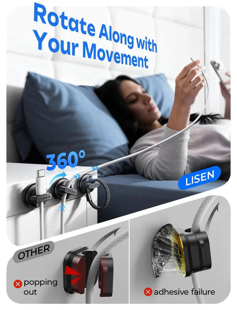 Six Pack Rotatable Cord Holder Set With 360 Degree Magnetic Clips installed on a nightstand holding phone charging cables.