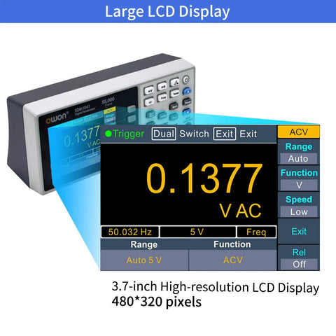 Portable Desktop Digital Multimeter With 3.5 Inch LCD Display For AC And DC Current Voltage And Temperature True RMS Readings Built For Pro Labs Instruments And Factories Ultra Thin And Lightweight For On The Go Use XDM1041 showing front LCD view