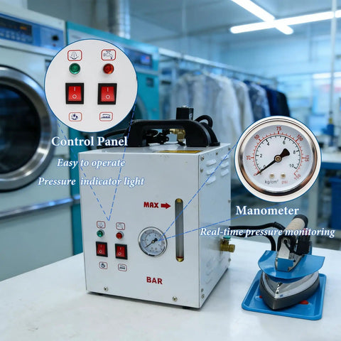 Pro Grade 110V Commercial Curtain Steamer With 4L Tank And 3KG Steam Flow Adjusted By Visual Gauge, showing control panel and manometer.