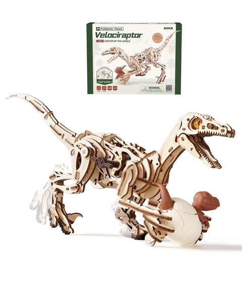 Self-Walking Dinosaur Toy Kit - 3D Wooden Puzzle And Mechanical Model For Adults And Teens, STEM DIY Craft Project, Educational Dino Collection, Wind-Up No Batteries, Perfect Gift For Birthday Or Holiday, 189-piece wooden velociraptor