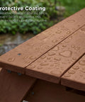 Kid Friendly Picnic Table With Umbrella And 3 In 1 Sand And Water Table For Toddlers, close-up of walnut top with rain droplets
