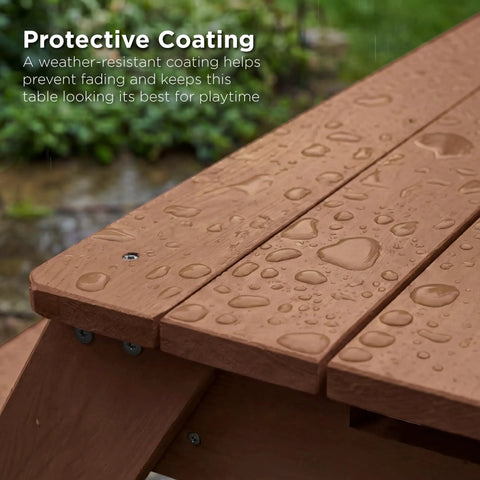Kid Friendly Picnic Table With Umbrella And 3 In 1 Sand And Water Table For Toddlers, close-up of walnut top with rain droplets