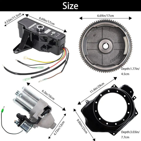 Predator 212 Electric Starter Kit with starter motor, solenoid, flywheel, ring gear for GX200 GX160 engines, size details