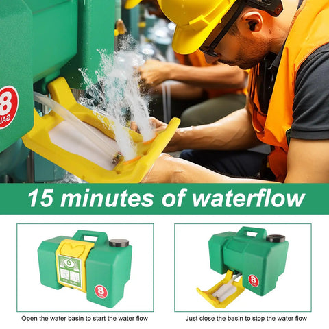 Heavy Duty Eight Gallon Portable Eyewash Station Osha Approved Wall Mount Eye Wash Irrigation Kit For Job Sites in use with water flow.