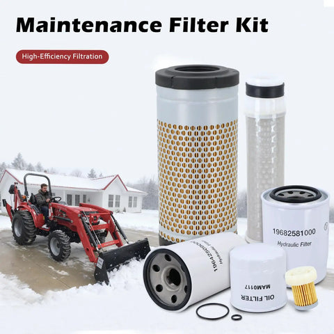 Mahindra 1626 HST L3 Tractor Filter Kit with engine oil, air, hydraulic, fuel filters near snow-covered tractor