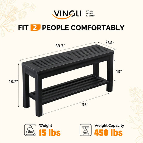 Rugged Rustic Storage Bench With Solid Wood Seat And Slatted Shelf Indoor Outdoor Shoe Rack 450 Lb Capacity Black 40 Inch