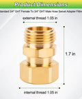 Three Quarter Inch Garden Hose Swivel Connector 360 Degree Female To Male Brass Adapter With PTFE Tape And Washer Prevents Tangles Easy Watering For Quick No Fuss Setup, 3/4 in brass dimensions