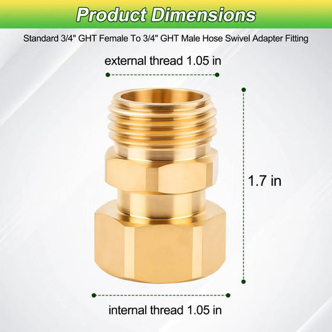Three Quarter Inch Garden Hose Swivel Connector 360 Degree Female To Male Brass Adapter With PTFE Tape And Washer Prevents Tangles Easy Watering For Quick No Fuss Setup, 3/4 in brass dimensions