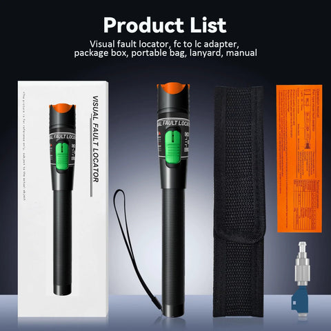 Front view of CHunreegow Visual Fault Locator kit: black handheld VFL with green switch, orange cap, and pouch.