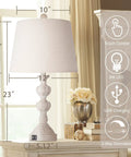 Coastal Farmhouse Table Lamps Set Of 2 With Touch Control Go To 3 Way Dimmable Bedside Lights With USB Ports Washed White French Country Nightstand Lamps For Living Room And Bedroom Cozy Vibes, detailed view showing touch controls, USB ports, and dimensions.