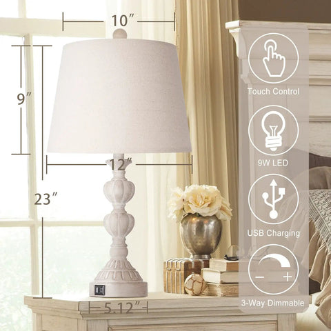 Coastal Farmhouse Table Lamps Set Of 2 With Touch Control Go To 3 Way Dimmable Bedside Lights With USB Ports Washed White French Country Nightstand Lamps For Living Room And Bedroom Cozy Vibes, detailed view showing touch controls, USB ports, and dimensions.