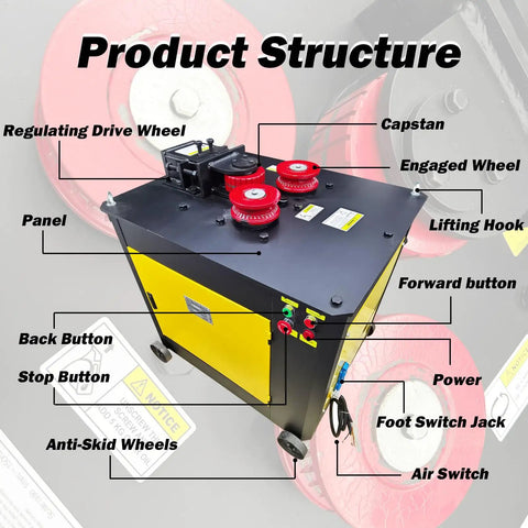 Product structure of Industrial Rebar Circle Bending Machine Automatic Steel Bar Coiler 4KW featuring control panel and wheels.