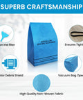 20 Pack Universal Wet Dry Vacuum Filter Bags For 2.5 To 5 Gallon Vacs, blue bag with debris shield, fabric detail, and accessories.